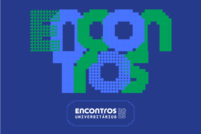 Imagem: Logo dos Encontros Universitários 2025. A imagem tem o nome Encontros, com letras alternadas entre azul e verde, sobre fundo azul