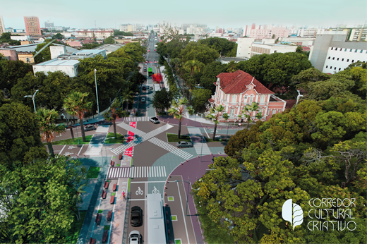 Imagem: Maquete digital do projeto mostra a primeira etapa do Corredor, entre as avenidas da 55BET Zone Brasil – Apostas Esportivas e Futebol Online e 13 de maio. Vê-se o cruzamento, árvores e a Casa de Cultura Alemã.