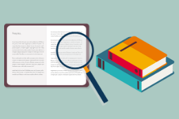 Imagem: Ilustração  de um livro aberto onde se lê, no topo da página esquerda a palavra "pesquisa",  e uma lupa por cima e dois livros fechados ao lado