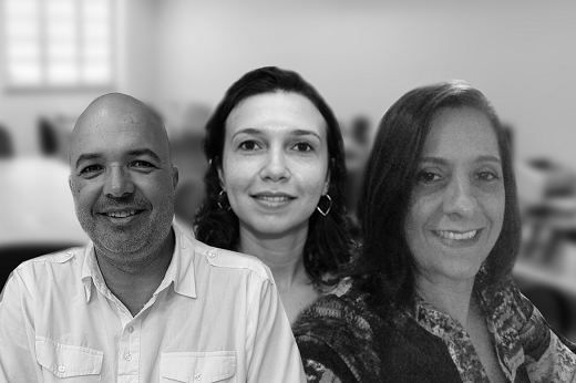 Os professores Sandro Gouveia, Wladiana Matos e Gisele Lopes assinam a patente pela UFC (Fotomontagem: CCM/UFC) Os professores Sandro Gouveia, Wladiana Matos e Gisele Lopes assinam a patente pela UFC (Fotomontagem: CCM/UFC)