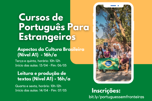 Cada curso terá 30 vagas, sendo 10 reservadas a estudantes, servidores técnico-administrativos ou professores estrangeiros com vínculo com a UFC (Imagem: Divulgação) cartaz informativo sobre as inscrições para o curso de Português para Estrangeiros