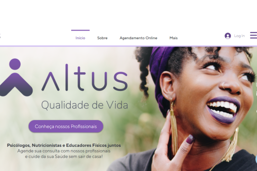 A plataforma Altus conecta clientes a nutricionistas, psicólogos e educadores físicos para consultas remotas (Imagem: Divulgação) Print do site da startup Altus com uma foto de uma moça negra, que sorri e usa bandana de cor roxa