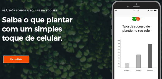 A startup Ecolife desenvolveu um aplicativo de celular que, conectado a sensores, mede a presença de nutrientes no solo (Imagem: Divulgação) Print do site da startup Ecolife com uma tela de celular mostrando um gráfico de barras