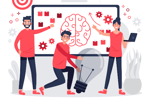 Das 29 startups classificadas para a fase final do programa, 14 foram criadas na UFC (Imagem: Freepik) Ilustração de três jovens de blusa vermelha em frente a um quadro, com desenhos de um cérebro e engrenagens. O jovem do centro segura uma lâmpada gigante