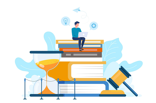 Neste ano, a atividade ocorre de 26 a 30 de julho em formato totalmente on-line (Imagem: Freepik) Imagem: desenho de um homem branco com roupa azul em cima de uma pilha de livros com um notebook no colo. Na frente, um martelo de justiça e, ao lado, uma ampulheta