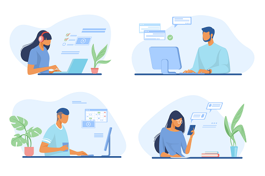 O evento é gratuito e ocorrerá de 24 a 26 de setembro, completamente on-line. (Imagem: Freepik) Imagem: desenhos de quatro pessoas usando computadores e celulares