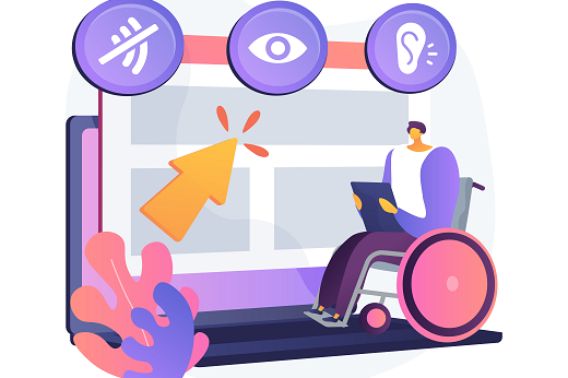 O módulo abordará conceitos básicos e legislação, com discussões iniciais sobre acessibilidade e inclusão no ensino superior (Imagem: Freepik) Imagem: desenho de uma tela de computador com uma seta dourada. Na parte superior, sinais gráficos de som cortado, olho e ouvido. Em primeiro plano, desenho de um jovem cadeirante segurando um tablet