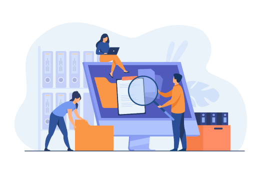 A UFC adota o Sistema Eletrônico de Informações (SEI) para a tramitação de seus processos por vias digitais desde 2 de janeiro de 2018 (Imagem: Freepik.com) Imagem: Diante de uma tela de computador, desenhos de pessoas lidando com documentos e digitalizações