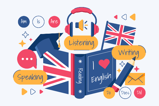 O curso é gratuito e consiste em dois semestres letivos com carga horária de 64 horas cada um (Imagem: Freepik) Imagem: desenho de um livro de inglês com bandeira da Inglaterra e outros elementos que identificam as habilidades de compreensão da língua inglesa, tais como escrita, áudio e fala
