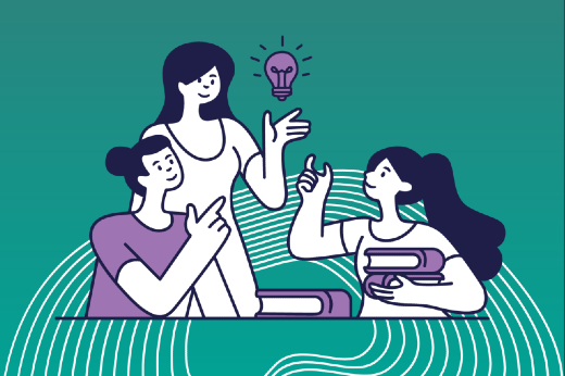 As ações formativas são destinadas a servidores docentes e técnico-administrativos e estudantes da UFC (Imagem: divulgação) Imagem: fundo verde. Em primeiro plano, há um desenho de três jovens com livros e conversando. Uma lâmpada lilás aparece como sinal de que alguém teve uma ideia