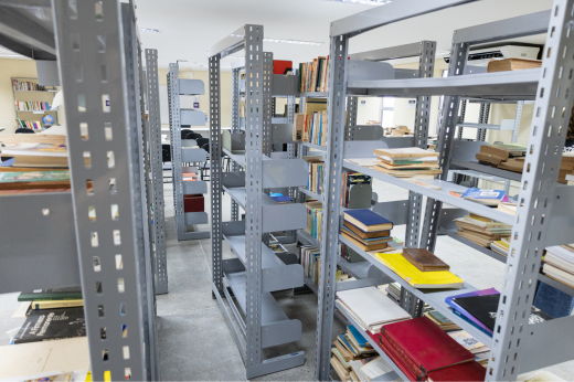 Imagem: Foto das estantes da Biblioteca-Laboratório do Curso de Biblioteconomia da UFC