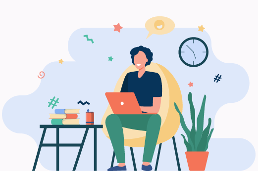 Há formações em ensino de música, didática e práticas pedagógicas, metodologia ativas, tecnologias educacionais e metodologias científicas, entre outros temas afins (Imagem: Design/UFC Informa) Imagem: ilustração de pessoa acessando computador sentado em uma mesa