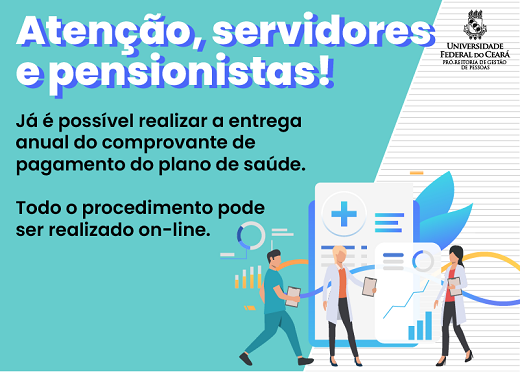 Prazo para envio dos comprovantes segue até 30 de abril Imagem: arte de divulgação com ilustrações de pessoas da área da saúde, vestindo jalecos ou roupas cirúrgicas