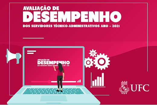 Servidores podem interpor recurso através de abertura de processo via Sistema Eletrônico de Informações (SEI) (Imagem: Design UFC Informa) Imagem: ilustração de um notebook e uma pessoa em miniatura no teclado e, em cima, o nome "Avaliação de Desempenho"