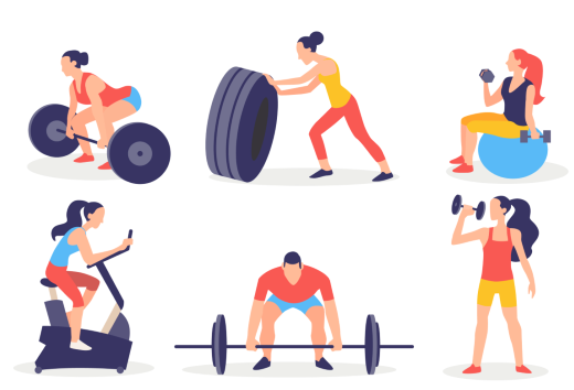 Todas as atividades de consultoria, como planos de treinos e dicas, serão direcionadas aos participantes via Instagram (Imagem: Freepik) Ilustração de pessoas fazendo exercícios de musculação