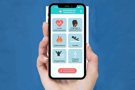 O aplicativo Emergências Pediátricas conta com informações de como proceder em casos de parada cardiorrespiratória, engasgo e sufocamento, queimadura, queda, choque elétrico e afogamentos sofridos por crianças (Imagem: Divulgação) Imagem: tela do aplicativo
