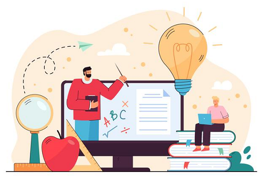As aulas ocorrerão ao vivo às sextas-feiras e aos sábados, das 14h às 17h, de agosto a novembro (Ilustração: Freepik) Ilustração de professor em frente a uma tela, com estudante sentado sobre livros