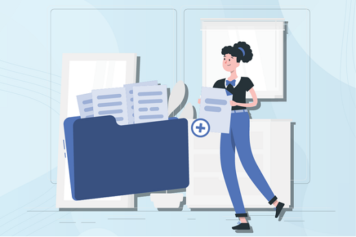 Cada servidor deve preencher seus formulários de intenção de afastamento individualmente e on-line (Imagem: Design UFC Inform) Ilustração de mulher com papéis na mão e uma pasta onde ela coloca esses arquivos ao lado esquerdo