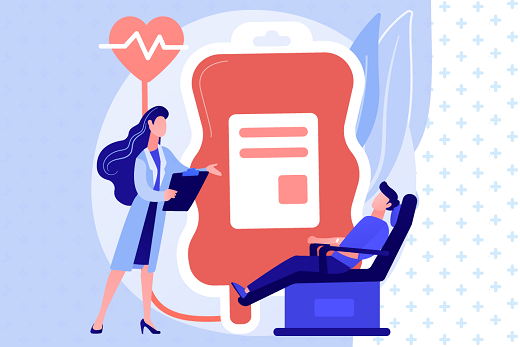 Todo o processo, que inclui avaliação clínica e exames laboratoriais e de imagem, é sem custos para o servidor (Imagem: Freepik) Imagem: ilustração de uma mulher em pé, vestindo jaleco, com uma prancheta na mão e um homem sentado em uma cadeira de exames