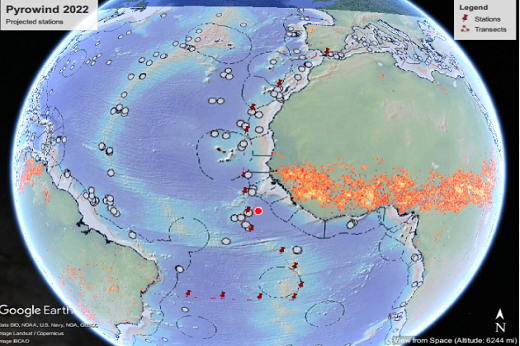 Na expedição, a coleta de amostras de água, sedimento e organismos (como peixes), para identificar a poluição por microplásticos, será feita nas estações em vermelho cruzando o Oceano Atlântico (Imagem: Divulgação) Imagem: foto de satélite mostra