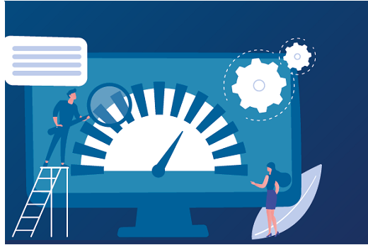 Servidores devem explicar o motivo pelo qual não foi possível realizar a Avaliação de Desempenho no sistema no período estabelecido (Imagem: Divulgação) Imagem: ilustração em tons de azul e branco com uma tela de notebook e, à frente, um homem em miniatura subindo uma escada. Do lado direito, aposto ao do homem, há uma mulher.