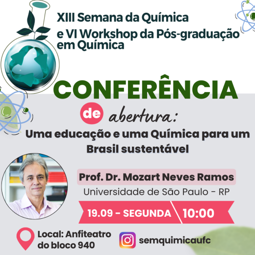 A programação contará ainda com palestras, mesas-redondas, oficinas, minicursos, apresentação de trabalhos, show de talentos e visitação de escolas públicas aos laboratórios dos departamentos de Química da UFC (Imagem: Divulgação) A programação contará ainda com palestras, mesas-redondas, oficinas, minicursos, apresentação de trabalhos, show de talentos e visitação de escolas públicas aos laboratórios dos departamentos de Química da UFC (Imagem: Divulgação)