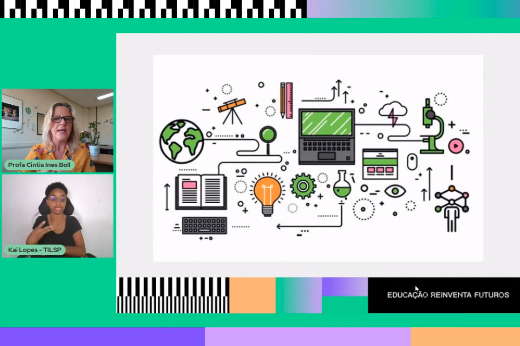 A Profª Cíntia Inês Boll, da UFRGS, iniciou a palestra de encerramento com reflexão sobre as possibilidades de aprendizado nos espaços digitais (Imagem: Reprodução da Internet) Imagem: print de tela da palestra de encerramento do evento