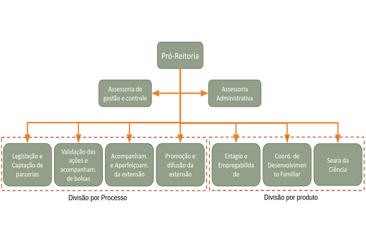 Com as mudanças, as coordenadorias da PREX passam a ser divididas por processos e produtos, e não mais por localização geográfica (Imagem: PREX/UFC) Imagem: Novo organograma da PREX (Imagem: PREX/UFC)