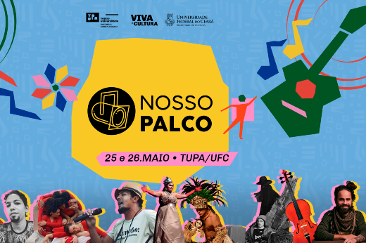 As apresentações artísticas presenciais da Mostra Nosso Palco acontecem nos dias 25 e 26 de maio, no TUPA (Imagem: Divulgação) Imagem: Fundo azul com nome do projeto em preto e amarelo e imagem dos artistas