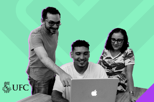 A Avaliação é feita de forma anônima, pelo SIGAA (Imagem: Design/UFC Informa) Imagem: pessoas em torno de um laptop