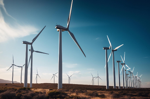 Energias offshore - como parques eólicos - é um dos alvos do projeto do PPG em Direito, Geografia e Ciências Marinhas Tropicais da UFC e da Université Paris Cité: meta é contribuir para marcos regulatórios (Foto: freepik.com) Imagem: a imagem mostra um conjunto de torres eólicas em uma paisagem de vegetação baixa e céu azul