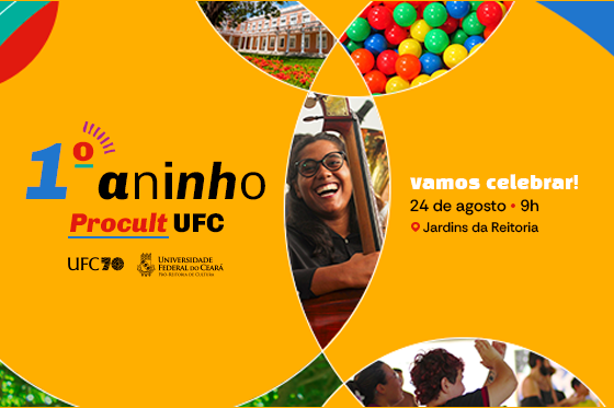 O piquenique festivo da Procult acontece das 9h às 12h, nos jardins da Reitoria da UFC (Imagem: Divulgação) Imagem: Cartaz de fundo amarelo com imagem de pessoa ao centro e títulos do evento