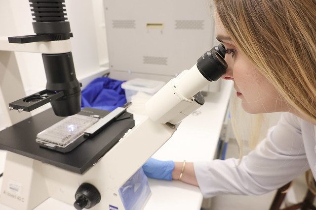 Juntos, os novos INCTs da UFC devem receber mais de R$ 26 milhões em recursos (Foto: Viktor Braga/UFC) Imagem: pesquisadora em laboratório observa lâmina com microscópio