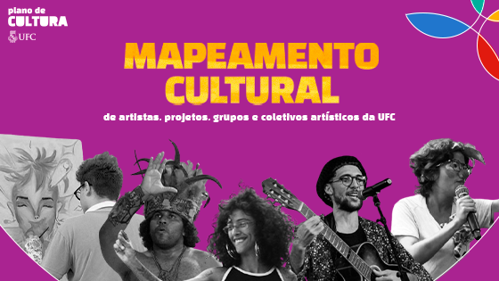 Imagem: Imagem de fundo lilás com os dizeres "mapeamento cultural" em laranja. Em primeiro plano, fotos de artistas de diversos gêneros e etnias. As fotos estão em preto e branco