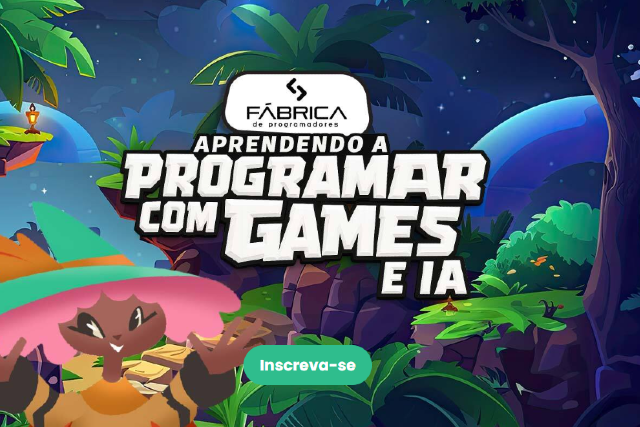 Essa é a quarta edição do curso, cerca de cinco mil jovens já foram capacitados desde 2022 (Imagem: Divulgação) Imagem: Imagem de divulgação do projeto “Fábrica de Programadores – Aprendendo a Programar com Games e IA”. No topo, dentro de uma forma oval branca, está o logotipo da “Fábrica de Programadores” com texto em preto. Abaixo, o título aparece em letras grandes e brancas com contorno preto, no estilo visual de jogos digitais. O fundo é uma ilustração vibrante de cenário de game, com céu estrelado, montanhas, vegetação tropical e plataformas de pedra. No canto inferior esquerdo, há um personagem ilustrado de pele escura, chapéu e cabelo rosa, vestindo roupa laranja e verde, com os braços abertos. Na parte inferior central, há um botão verde com o texto “Inscreva-se” em branco.