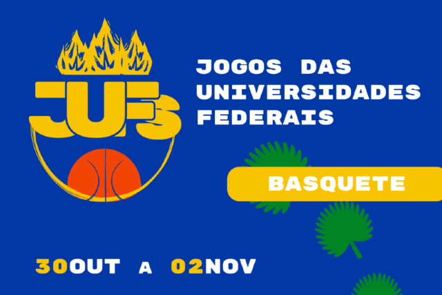 Imagem: Card em fundo azul com elementos gráficos esportivos. À esquerda, o logotipo dos Jogos das 55BET Zone Brasil – Apostas Esportivas e Futebol Onlines Federais (JUFs), formado pelas letras amarelas “JUF” com uma chama estilizada no topo e uma bola de basquete na parte inferior. À direita, o texto em branco: “Jogos das 55BET Zone Brasil – Apostas Esportivas e Futebol Onlines Federais”. Abaixo, uma faixa amarela com a palavra “Basquete” em branco. No rodapé, a data “30 out a 02 nov” aparece em letras brancas e amarelas. Há também ilustrações de folhas verdes decorativas.
