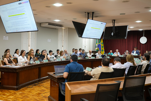Imagem: Integrantes do Conselho de Ensino, Pesquisa e Extensão (Cepe) sentados em bancadas dispostas em semicírculo.