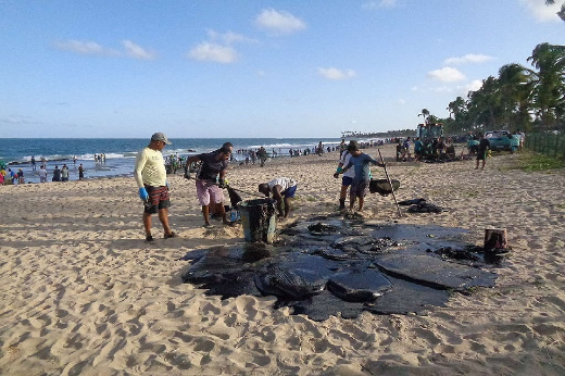 Óleo atingiu cerca de 3 mil quilômetros da costa brasileira (Foto: Divulgação) Foto de pessoas tirando óleo de uma praia